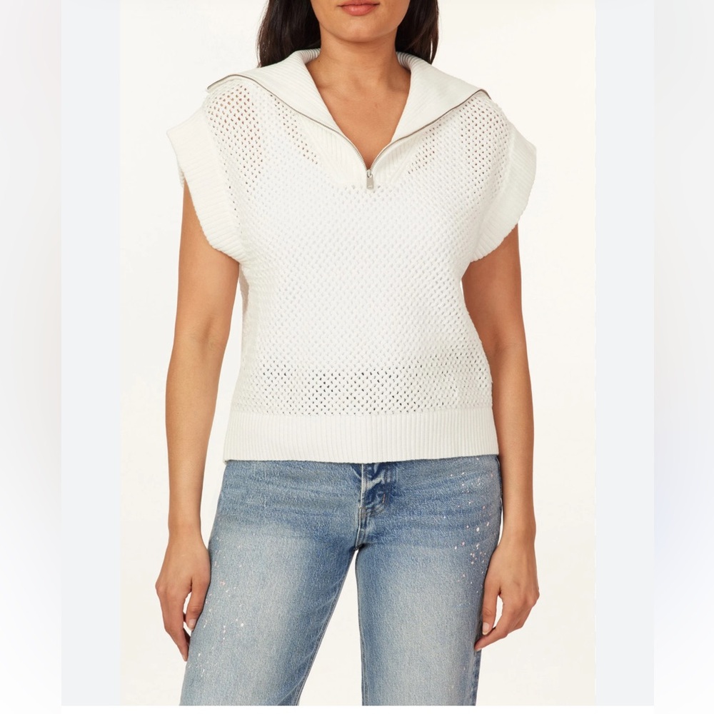 Scotch & Soda Women White Crochet Knit 1/4 Zip Cap Sleeve Sweater Sugar Sizzle L - Picture 13 of 16